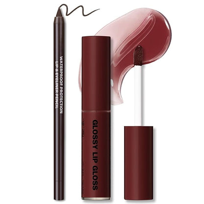 Nourishing Lip Gloss with Brown Lip Liner Combo Set, Moisturizing High Shine Lip Glow Oil Fresh Lightweight Lip Care, Glossy Plumper Lip Gloss for Women, Long Wear Liquid Lipstick Makeup Kit#3