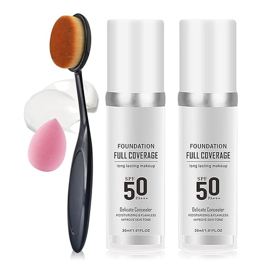 2PCS Color Changing Foundation Makeup Set, Full Coverage Liquid Makeup Foundation with Brush, Moisturizing Oil Control Foundation Color Changing Makeup, Waterproof Matte Concealer with Makeup Sponge