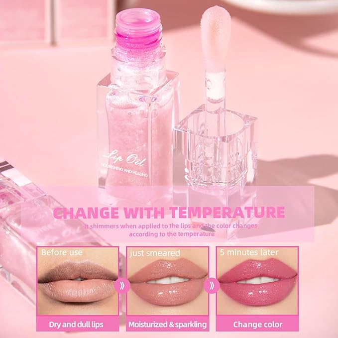 Magic Color Changing Lip Oil Ph, Glitter Lip Gloss, Upgraded Big Brush Head Moisturizing Lip Oil Long Lasting Nourishing Lip Glow Oil Non-Sticky Primer Lip Tint (Pink)