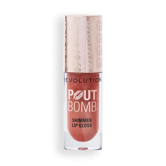 Revolution, Pout Bomb Shimmer Gloss, High-Shine Lip Gloss & Shimmer for Glossy Lips with Hyaluronic Acid & Sweet Vanilla Scent, Nude Glow, 0.15 Oz