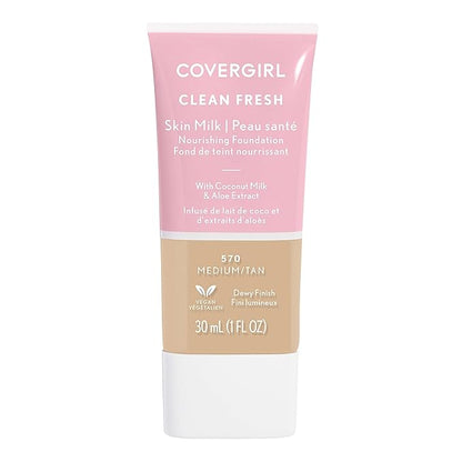 COVERGIRL Clean Fresh Nourishing Skin Tint, 570 Medium/Tan, Liquid Foundation, Dewy Finish, Infused with Coconut & Aloe, Vegan Formula