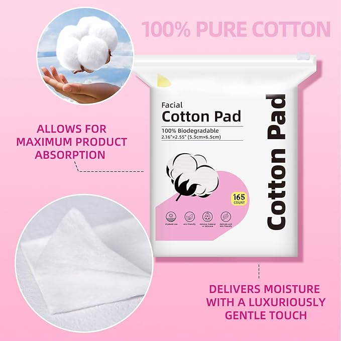 100% Cotton Squares for Face, 165 Count, Lint-Free, Ideal for Sensitive Skin, Cleansing and Makeup Removal