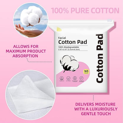 100% Cotton Squares for Face, 165 Count, Lint-Free, Ideal for Sensitive Skin, Cleansing and Makeup Removal