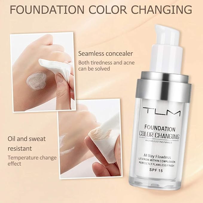 TLM Colour Changing Liquid Foundation Hides Wrinkles & Lines, BB Cream Makeup Base Concealer Cover Moisturizing Fluid for all Skin Tone SPF15, Pack of 1