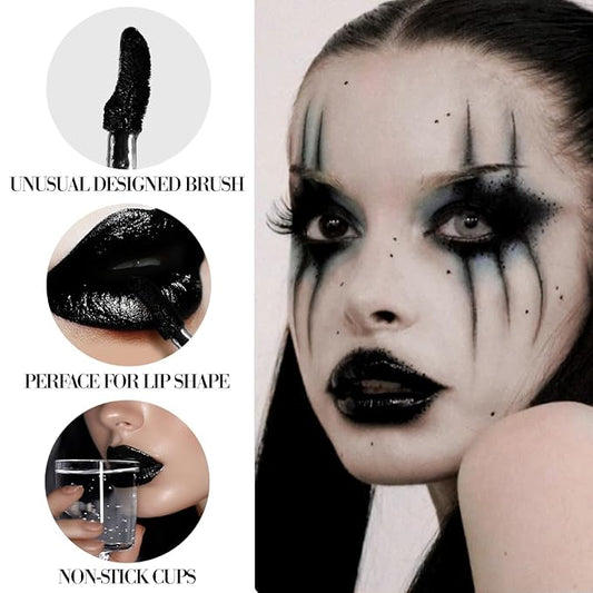 Black Liquid Lipstick - Full coverage Black Color Dark Gothic Transfer-Proof Lip Stain Hydrating Formula Waterproof Longwear Lip Gloss for Goth Makeup