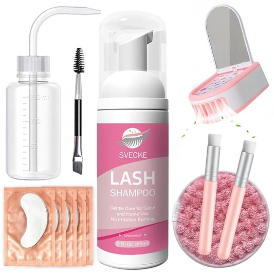Lash Shampoo Kit, 2 fl.oz / 60ml Eyelash Cleanser, Eyelash Shampoo for Lash Extensions, Lash Cleaning Kit with Lash Fan Dryer, Eyelash Remover for Salon and Home Use
