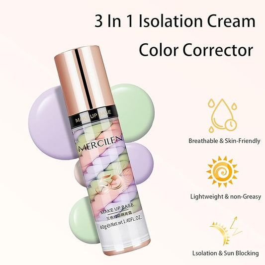 Primer Face Makeup Base, Color Corrector 3 In 1 Isolation Cream, Makeup Primer Skin Tone Correcting, Face Primer for Makeup Brightening Primer, Oil Control Hide Wrinkles and Fine Lines
