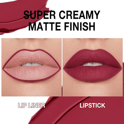Kaely Plum Red Gradient Matte Lipstick Lip Liner Pencil for Women, 2in1 Flawless Contour Gradual Ombre Effect Lip Pencil Makeup Waterproof, labiales mate 24 horas originales, 02