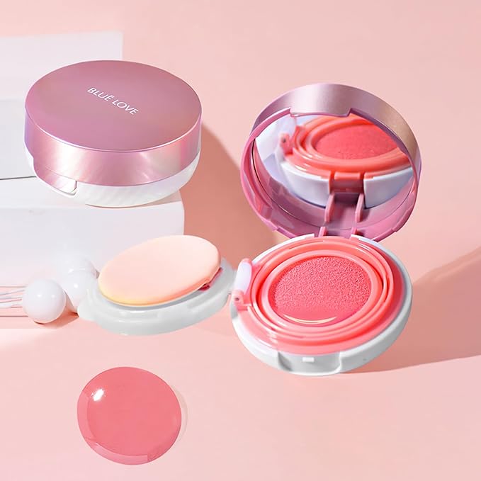 BLUE LOVE Cushion Liquid Blush - Silky Cream Formula for Cheeks, Natural Glow Makeup with Sheer Finish, for Contouring and Highlighting (02# Peach Pink)