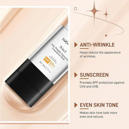 3 In 1-Luxury Anti-Wrinkle Foundation Stick， Flawless Eraser Foundation With Brush，Contour Stick Foundations Face for Women，Multi-use Makeup (Medium Color, 0.71)