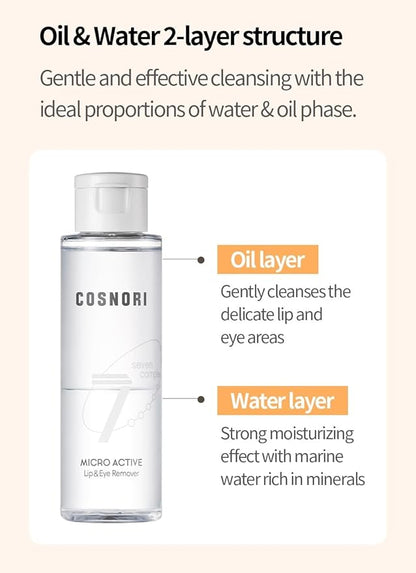 COSNORI Micro Active Lip and Eye Make-up Remover – Vegan, Hypoallergenic, Hydration Booster, Gentle Face Cleanser for Sensitive Skin, 7 Natural Extracts, Deep-sea Water, 3.4 fl.oz (100ml)
