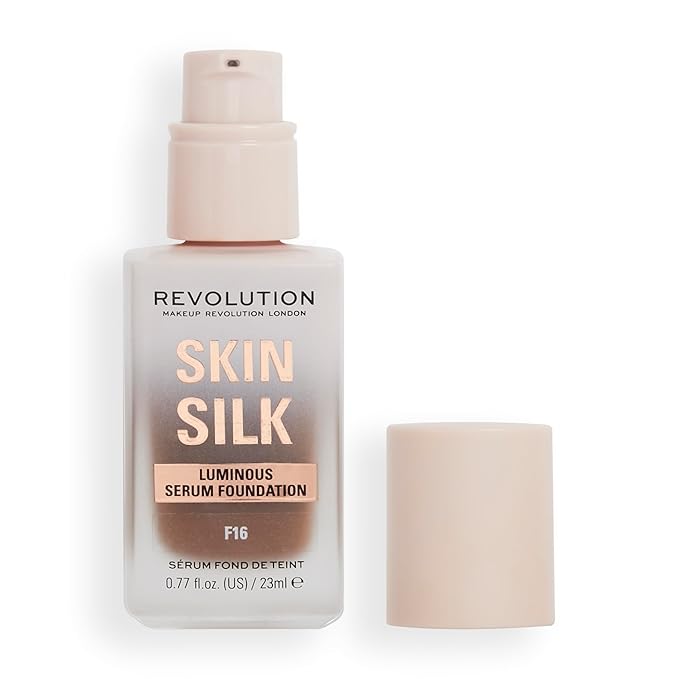Revolution, Skin Silk Serum Foundation, Light to Medium Coverage, Lightweight & Radiant Finish, Contains Hyaluronic Acid, F16 Deep Skin Tones, 0.77 fl oz
