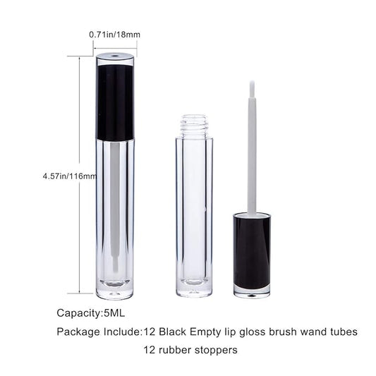 Lip Gloss Brush Wand Tubes Empty, 12 Pack 5ml Lip Gloss Containers with Wand, 12 Black Lip Gloss Tubes with Rubber Stoppers for DIY Lip Gloss Balm (Black)