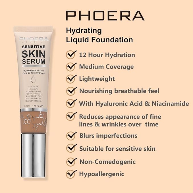 PHOERA Hydrating Serum Foundation,Flawless Full Coverage and Hypoallergenic Makeup Base Foundation. (N04 Sand, norm)