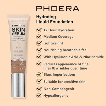 PHOERA Hydrating Serum Foundation,Flawless Full Coverage and Hypoallergenic Makeup Base Foundation. (N01 Porcelain, norm)