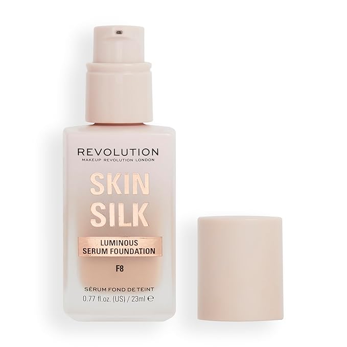 Revolution, Skin Silk Serum Foundation, Light to Medium Coverage, Lightweight & Radiant Finish, Contains Hyaluronic Acid, F8 Medium Skin Tones, 0.77 fl oz