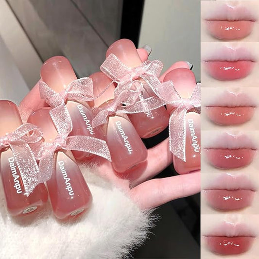 6Pcs Hydrating Jelly Lip Gloss Set,Moisturizing & Plumping Water Lip Stain Mirror Liquid Lipsticks,Waterproof Long Lasting Clear Oxygen Tinted Lip Blam Cute Lip Glaze