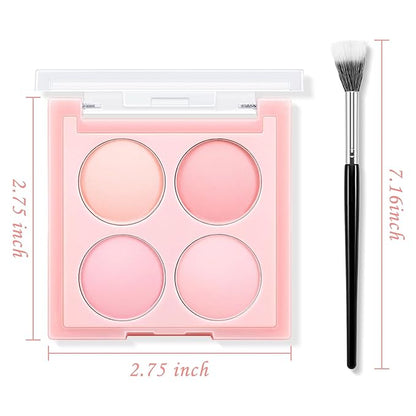 4 Colors Cream Blush Palette, Matte Pink & Highlighter Eyeshadow Makeup Palette with Blush Brush