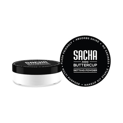 Sacha BUTTERCUP No Color Mini Setting Powder. No Ashy Flashback. Blurs Fine Lines and Pores. Loose, Translucent Face Powder to Set Makeup Foundation or Concealer. For All Skin Tones, 0.35 oz.