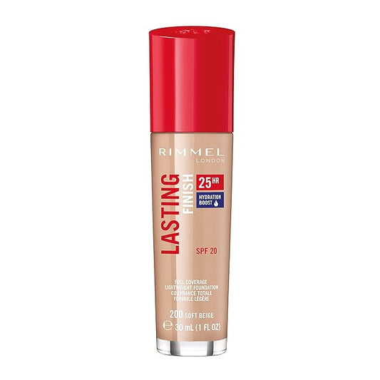 Rimmel London Lasting Finish 25HR - 200 Soft Beige - Foundation, 25-Hour Wear, Full Coverage, Waterproof, 1oz