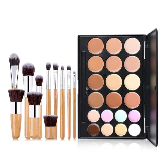 Pure Vie 20 Colors Hydrating Full Coverage Correcting Concealer Palette Camouflage Makeup Contour Kit for Conceals Corrects Dark Circles Acne + 11 Pcs Foundation Powder Concealer Eyeshadows Brushes
