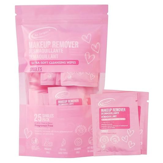 Air Jungles Makeup Remover Wipes Singles 25 Count, Extra Large 6" x 8", Fragrance-Free, Removes Makeup and Oil, Ultra Soft Cleansing Wipes, Alcohol Free