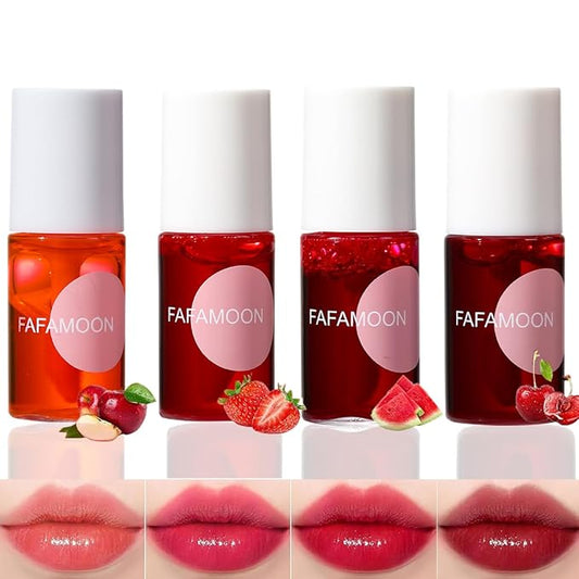 4 Colors Lip Tint Stain Set,Mini Water Lipstick,Korean Lip Gloss Moisturizing Natural,Long Lasting Waterproof,Multi-Use Lip and Cheek Tint(Apple& Strawberry& Watermelon& Cherry)