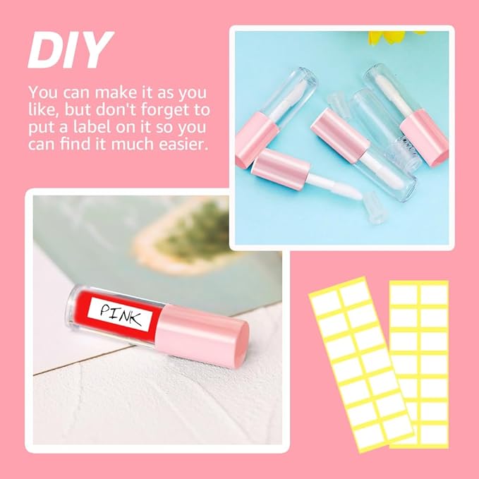 AMORIX 50PCS Mini Lip Gloss Tubes with Wand 1.2ml Empty Lip Gloss Containers Refillable Travel Lip Balm Tubes for Samples with 5ml Syringes DIY Lip Gloss Base + Labels (Pink)
