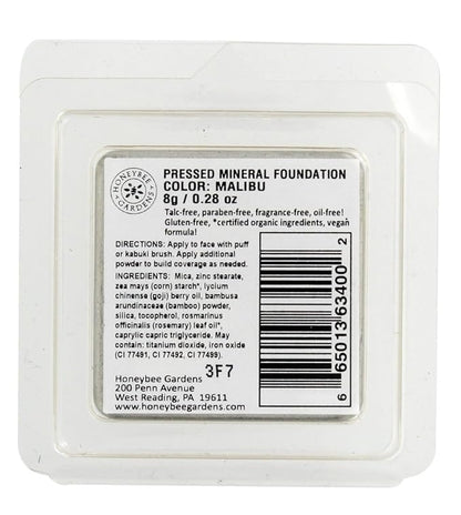 Honeybee Gardens Pressed Mineral Powder Foundation Refill, Malibu, Medium Olive Shade, Adjustable Coverage, Natural Finish, With Botanical Extracts And Vitamin E, 7.5g