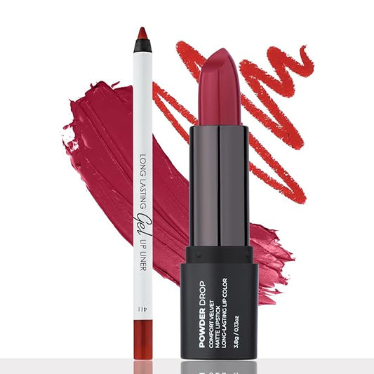 Red Matte Lip Essentials Bundle: Gel Lip Liner Pencil and Powder Drop Lipstick Set