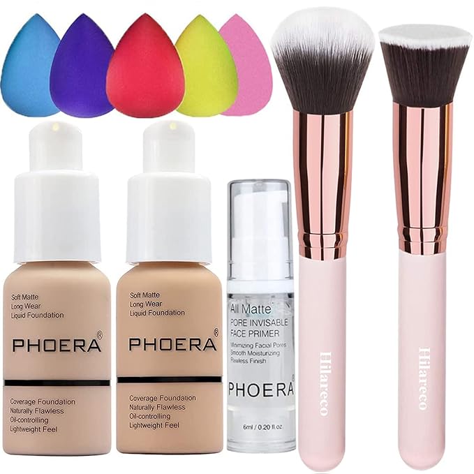 PHOERA Foundation & Face Primer Set, Full Coverage, Matte Finish, Oil Control Concealer (102 Nude + 104 Buff Beige)