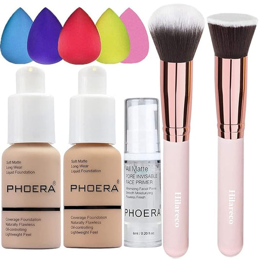 PHOERA Foundation & Face Primer Set, Full Coverage, Matte Finish, Oil Control Concealer (102 Nude + 104 Buff Beige)