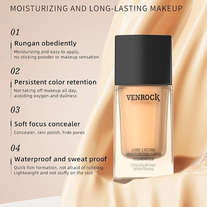 Long-Lasting Moisturizing Liquid Foundation, Waterproof, Concealer with Brightening Effect (01# Ivory White, 30ml)