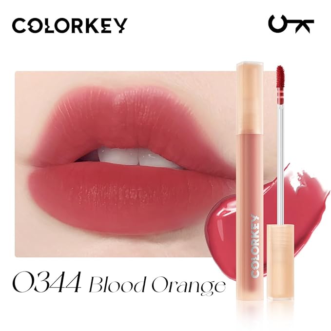 COLORKEY Soft Matte Water Lip Tint, Matte Finishs, Long-Lasting, Moist Fit Without Stickiness, Moisturized, Waterproof, Liquid Lipstick, Nude lip color (O344 Blood Orange)
