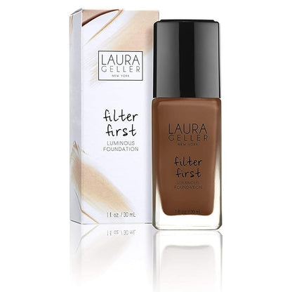 LAURA GELLER NEW YORK Filter First Luminous Liquid Makeup Foundation, Lightweight, Medium to Full Coverage, Non-Settling Formula, Mahogany, 1 Fl Oz