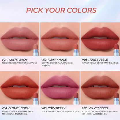 SACE LADY Matte Lipstick Set, Long Lasting Air Cushion Lip & Cheek Cream Non-Stick Cup, Ultra-Smooth Pigmented Non-drying Lip Color for Face Makeup Kit 3Pcs (V01+V02+V06, 3pcs)