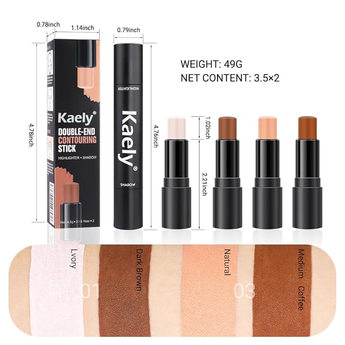 Kaely 4 Color Highlighter Contour Stick,Cream Contour Palette Kit for Beginners,Bronzer Contouring Sticks,contorno maquillaje para mujer en oferta,Concealer Stick Primer Face Makeup Brightener,01+03
