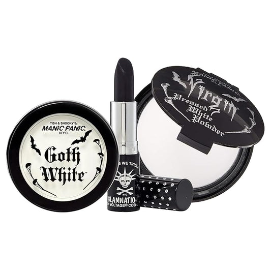 MANIC PANIC Goth White Cream To Powder Foundation Bundle with Raven Lethal Lipstick, and Vampyre's Veil White Pressed Powder