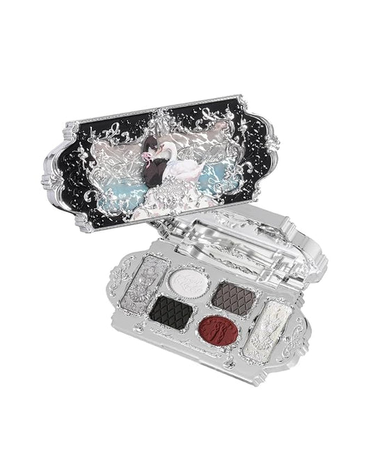 Flower Knows Swan Ballet Six-Color Makeup Palette,Eyeshadow,Blush,Highlighting & Contour All-in-One Face Makeup Palette with 4 Matte+2 Shimmer Smoky Shades(02 Black Swan,0.23 Oz)