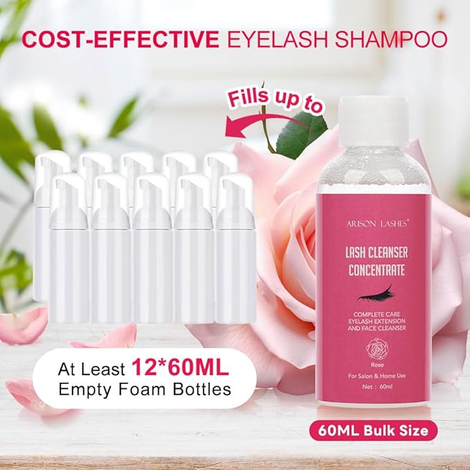 Eyelash Cleanser Concentrate 60ml Professional Lash Extensions Shampoo Natural Foaming Cleanser for Extensions Lashes with Salon Home Care-Makes 12 Bottles 60ml Eyelash Shampoo (Rose)