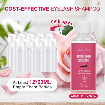 Eyelash Cleanser Concentrate 60ml Professional Lash Extensions Shampoo Natural Foaming Cleanser for Extensions Lashes with Salon Home Care-Makes 12 Bottles 60ml Eyelash Shampoo (Rose)