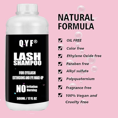 Eyelash Extension Shampoo 500ml Lash Extensions Shampoo Eyelid Foaming Cleanser Paraben & Sulfate Free Non-Irritating for Professional Salon and Home Use