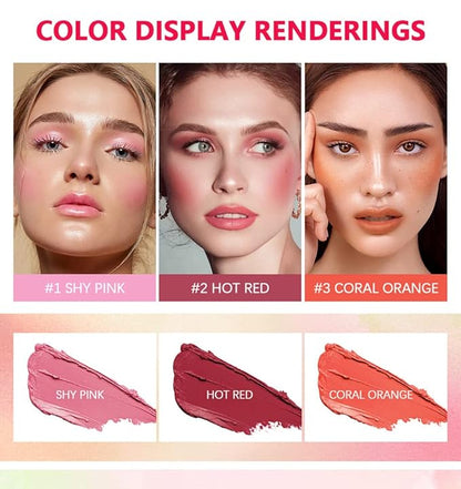 On-the-Go Makeup Blush Stick Tinted Moisture Stick, Shadow Lips Cheek Blusher Creamy Makeup Long Lasting Natural Nude Makeup for All Skin (3PC)