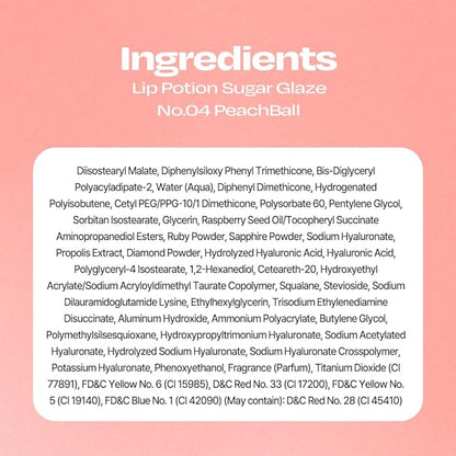 Lip Potion Sugar Glaze Tint | K-Beauty High-Shine & Long-Lasting Lip Tint | Hydrating, Non-Sticky Glossy Finish | 7 Shades | 0.3 Oz (No.4 Peach Ball)
