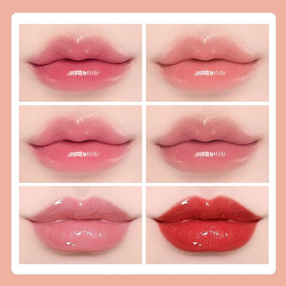 10 Colors Lip Tint Stain Set with Natural Fruits Design, Pearly Lustre Finish, Korean Plumping Lip Gloss Watery Lip Stain (Cartoon Box)