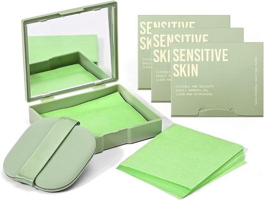 KYDA 400 Sheets Oil Blotting Paper with Mirror and Puff, Refills Included, Skin-friendly Face Oily Absorbing Sheets for All Skin, Travel Size (1 Formal + 3 Fillers)