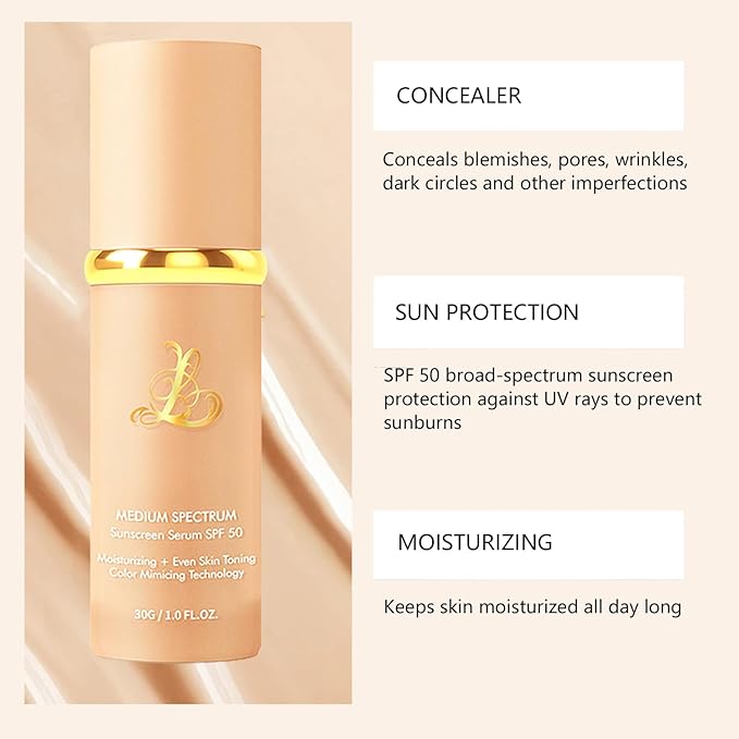 Foundation 4 in 1 - Medium Spectrum With SPF 50+,Full Coverage Concealer, Hydrating Color Changing Foundation Light Spectrum, Waterproof and Sweatproof Suitable for All Skin Types