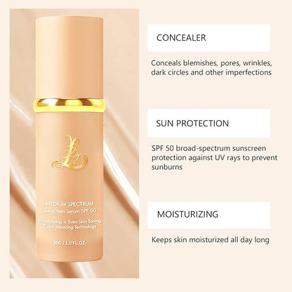 Foundation 4 in 1 - Medium Spectrum With SPF 50+, 2 Pcs Full Coverage Concealer, Hydrating Color Changing Foundation Light Spectrum, Waterproof and Sweatproof Suitable for All Skin Types