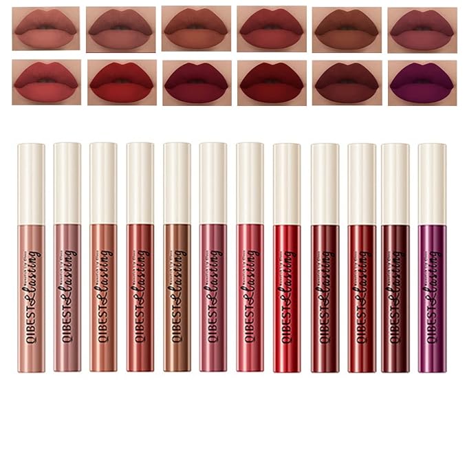 12Pcs Matte Liquid Lipstick Set, Dark Bright Red 24-hour Lip Gloss Kit Long-Lasting Waterproof Lip Stain Non-Stick Cup Not Lipgloss Set for Women