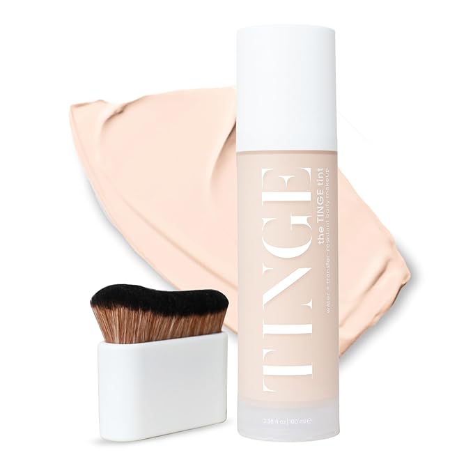 Tinge Body Makeup & Brush Bundle, 48-Hour Medium Coverage Tint with Hyaluronic Acid, Semi-Matte, Water & Transfer Resistant, Vegan, Kabuki Brush for Streak-Free Blending, Fair Cool, 3.38 Fl Oz